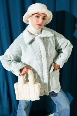 Pazarium - Toylor Fermuarlı Peluş Mont Su Yeşili