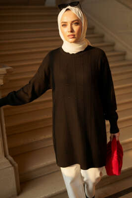 Damla Kabartmalı Yumoş Triko Tunik Siyah - Thumbnail