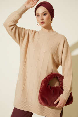 Pazarium - Damla Kabartmalı Yumoş Triko Tunik Latte