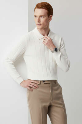 Polo Yaka Çizgi Desenli Kazak Ekru - Thumbnail