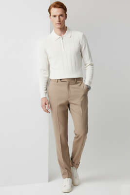 Polo Yaka Çizgi Desenli Kazak Ekru - Thumbnail