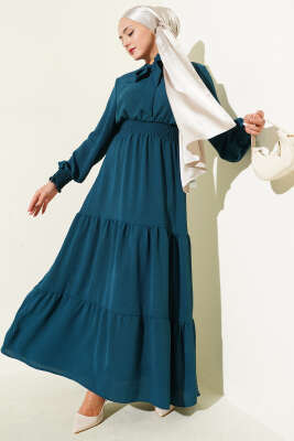 Pazarium - Önden Bağlama Detaylı Lastikli Elbise Petrol Yeşili