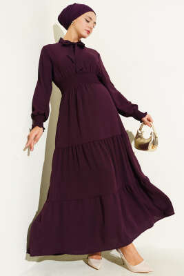 Pazarium - Önden Bağlama Detaylı Lastikli Elbise Mürdüm