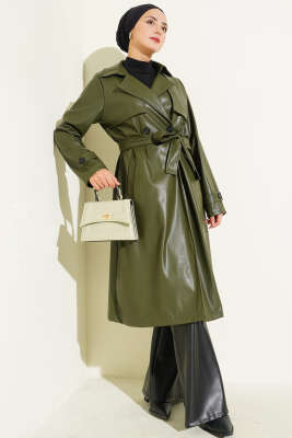 Pazarium - Tek Düğmeli Kuşaklı Deri Trençkot Haki