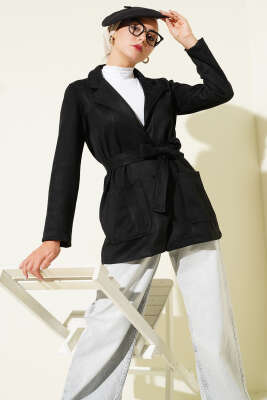 Pazarium - Düğmeli Kuşaklı Süet Ceket Siyah