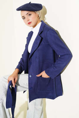 Pazarium - Düğmeli Kuşaklı Süet Ceket Lacivert
