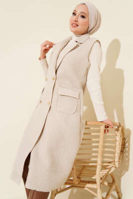 Pazarium - Düğmeli Uzun Buklet Yelek Taş