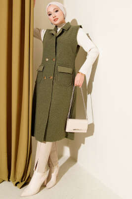 Pazarium - Düğmeli Uzun Buklet Yelek Haki