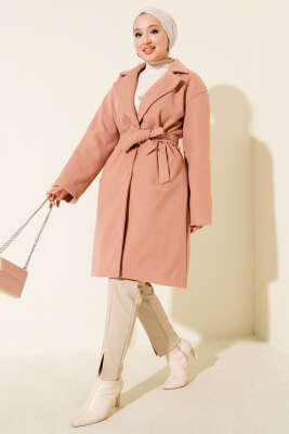 Pazarium - Kuşaklı Cepli Kaşe Kaban Pudra