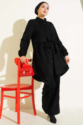 Pazarium - Yan Bağlamalı Kadife Fitilli İkili Takım Siyah