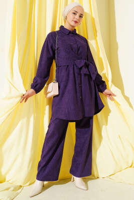 Pazarium - Yan Bağlamalı Kadife Fitilli İkili Takım Mor