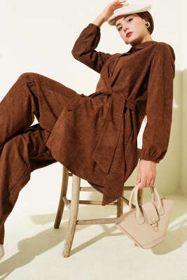 Pazarium - Yan Bağlamalı Kadife Fitilli İkili Takım Kahve