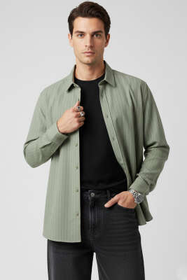 Pazarium - Çizgili Uzun Kol Gömlek Haki