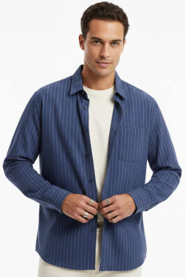 Pazarium - Çizgili Uzun Kol Gömlek Lacivert