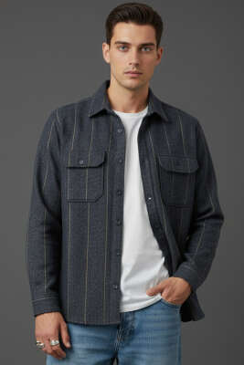 Pazarium - Çizgili Kaşe Gömlek Lacivert