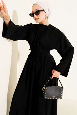 Pazarium - Bel Pensli İp Kuşaklı Elbise Siyah