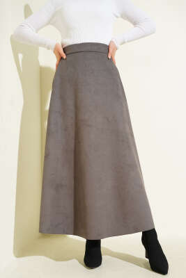 Pazarium - Bel Lastikli Süet Etek Füme