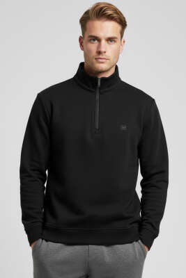 Pazarium - Dik Yaka Yarım Fermuar Sweatshirt Siyah