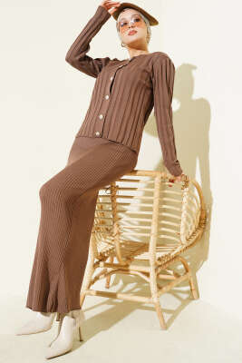 Düğmeli Jileli Triko İkili Takım Vizon - Thumbnail