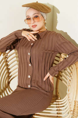 Düğmeli Jileli Triko İkili Takım Vizon - Thumbnail