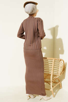 Düğmeli Jileli Triko İkili Takım Vizon - Thumbnail