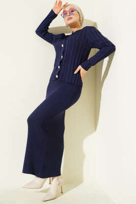 Düğmeli Jileli Triko İkili Takım Lacivert - Thumbnail