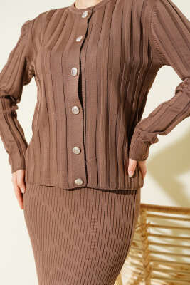 Düğmeli Jileli Triko İkili Takım Vizon - Thumbnail