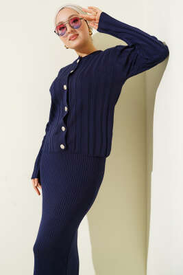 Düğmeli Jileli Triko İkili Takım Lacivert - Thumbnail