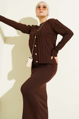 Düğmeli Jileli Triko İkili Takım Kahve - Thumbnail