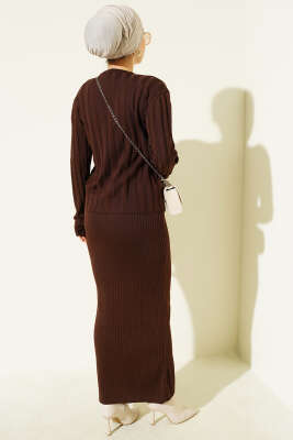 Düğmeli Jileli Triko İkili Takım Kahve - Thumbnail