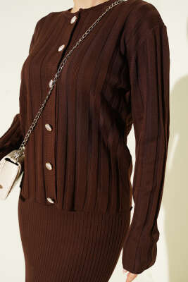 Düğmeli Jileli Triko İkili Takım Kahve - Thumbnail