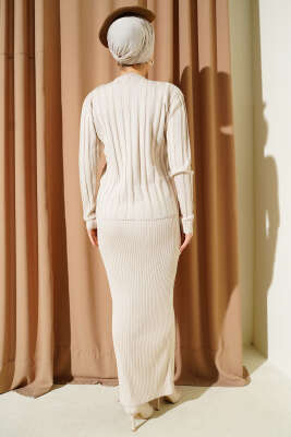 Düğmeli Jileli Triko İkili Takım Bej - Thumbnail