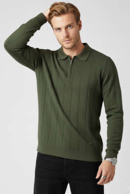 Pazarium - Polo Yaka Çizgi Desenli Kazak Haki