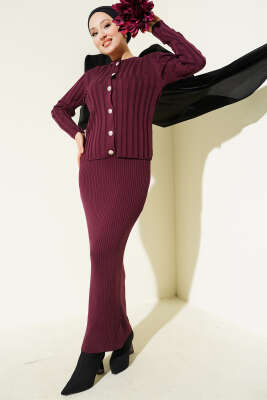 Düğmeli Jileli Triko İkili Takım Mürdüm - Thumbnail