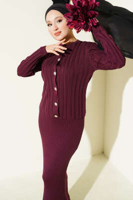 Düğmeli Jileli Triko İkili Takım Mürdüm - Thumbnail