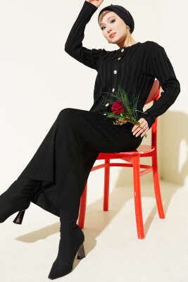 Düğmeli Jileli Triko İkili Takım Siyah - Thumbnail