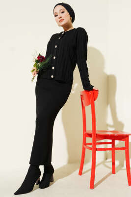 Düğmeli Jileli Triko İkili Takım Siyah - Thumbnail