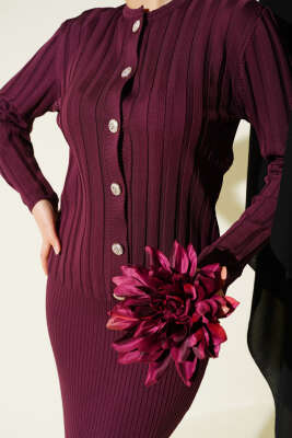 Düğmeli Jileli Triko İkili Takım Mürdüm - Thumbnail