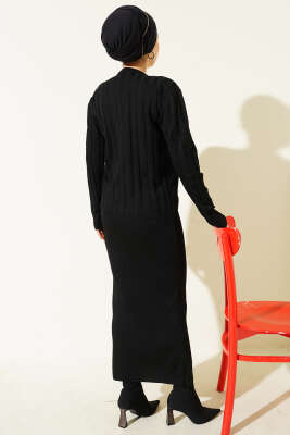 Düğmeli Jileli Triko İkili Takım Siyah - Thumbnail