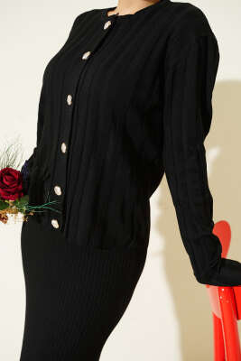 Düğmeli Jileli Triko İkili Takım Siyah - Thumbnail