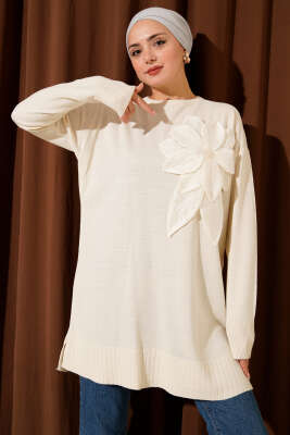 Pazarium - Büyük Çiçek Desenli Triko Tunik Ekru