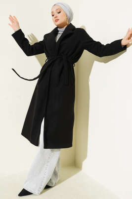 Pazarium - Kruvaze Yaka Kuşaklı Astarlı Kaban Siyah