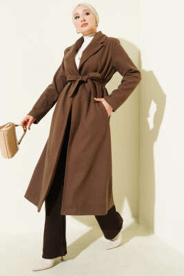 Pazarium - Kruvaze Yaka Kuşaklı Astarlı Kaban Kahve