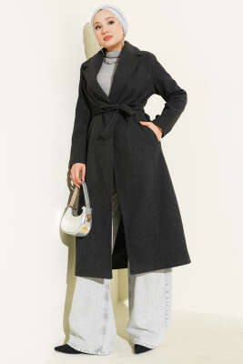 Pazarium - Kruvaze Yaka Kuşaklı Astarlı Kaban Antrasit