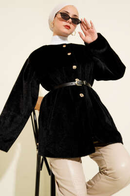 Pazarium - Gold Düğmeli Kemerli Goldfox Ceket Siyah