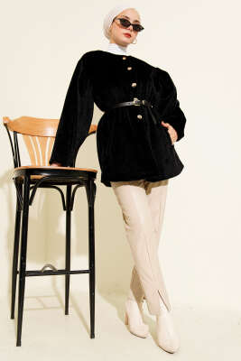 Gold Düğmeli Kemerli Goldfox Ceket Siyah - Thumbnail