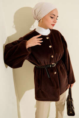 Pazarium - Gold Düğmeli Kemerli Goldfox Ceket Kahve