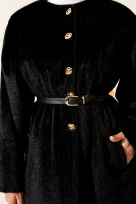 Gold Düğmeli Kemerli Goldfox Ceket Siyah - Thumbnail