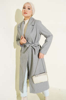 Pazarium - Kruvaze Yaka Kuşaklı Astarlı Kaban Gri