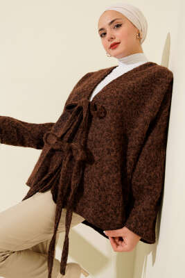 Pazarium - Önü Bağlamalı Kaşe Kimono Kahve